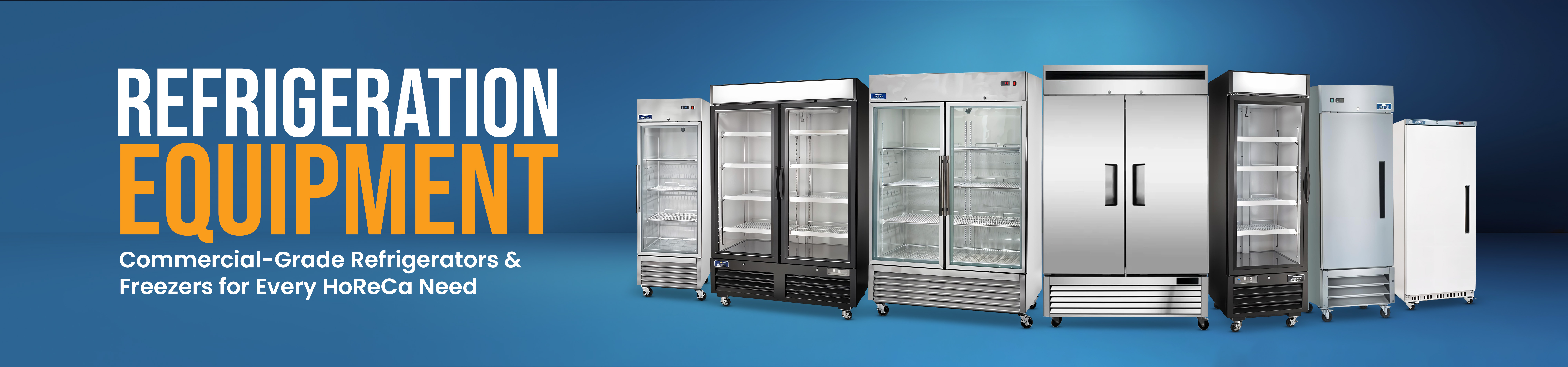 Commercial refrigeration equipment featuring display fridges, upright refrigerators, and freezers designed for professional kitchens and restaurants.